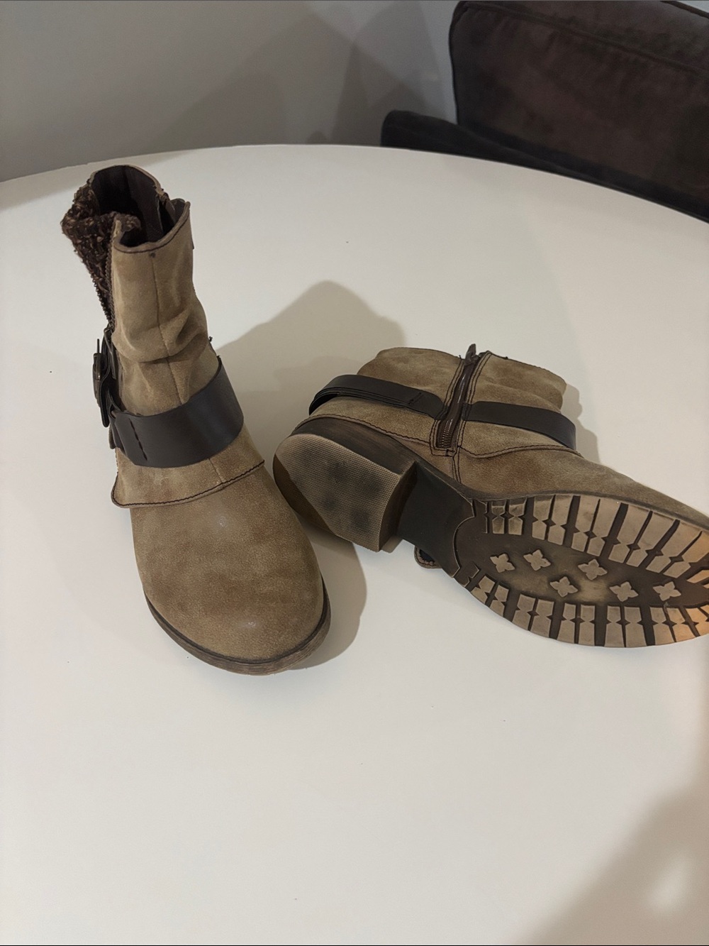 Taupe Suede Mid-Heel Ankle Boots with Dark Brown Strap
